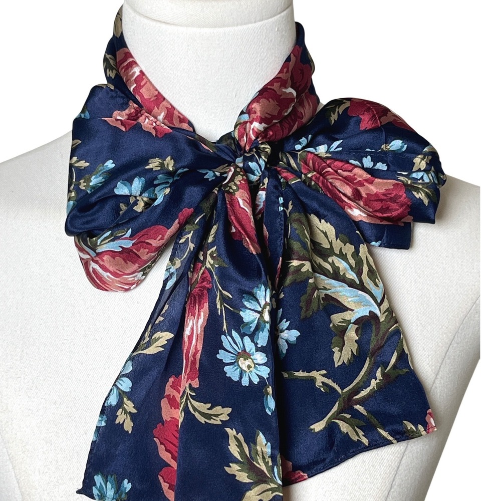 Floral Satin Neck Scarf Navy Blue Bow Tie Neck Cottagecore Vintage Style OS